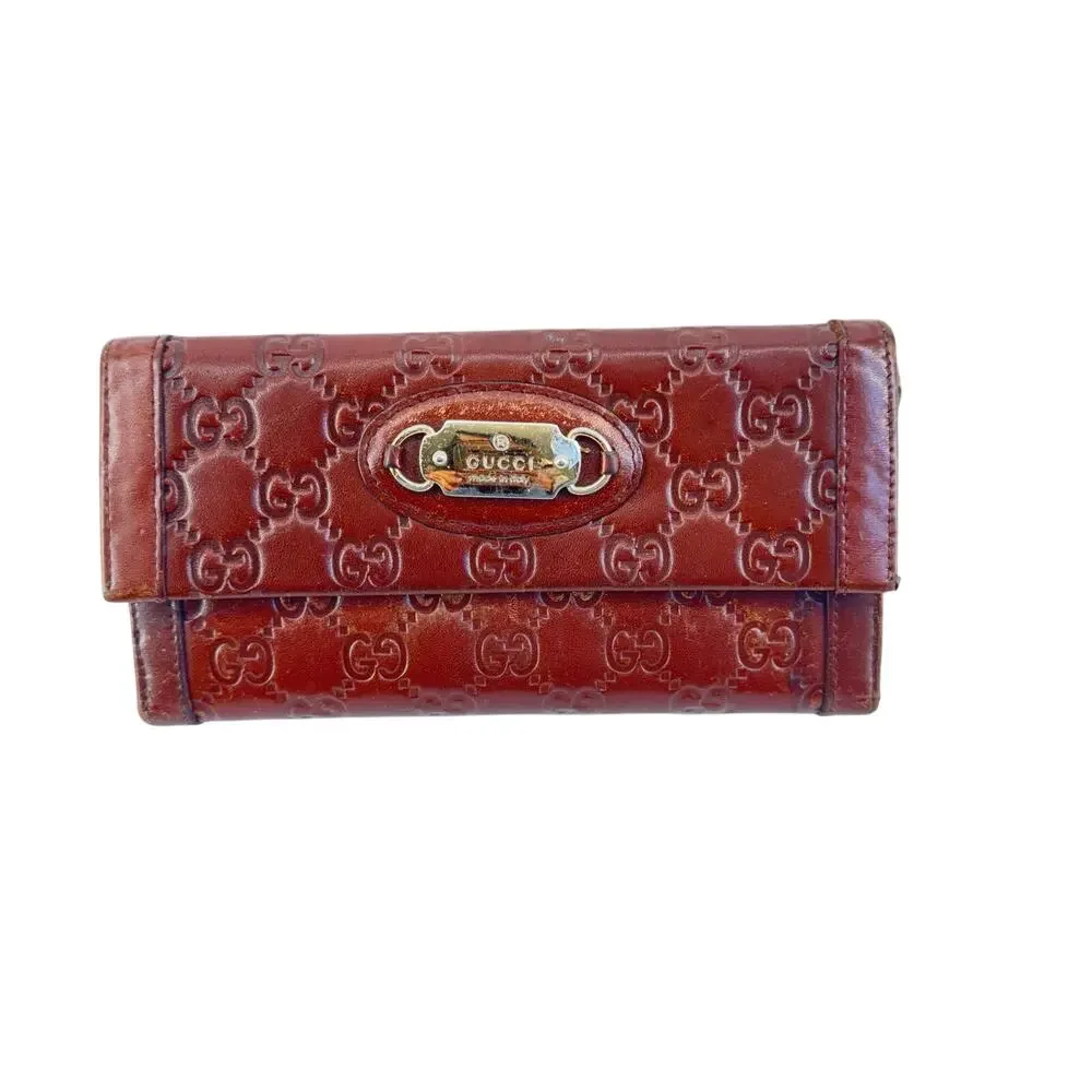 Gucci Guccissima Brown Leather Continental Wallet Gold Logo Plate Vintage